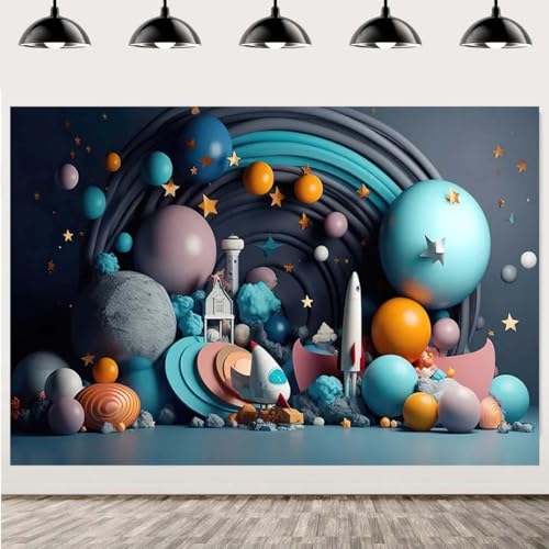 Photography Background Outer Space Universe Galaxy Stars Balloons Birthday Backdrop Universe Planet Star Galaxy Astronaut Rocket Kids Birthday Party Decoration Boy Portrait Background (Blue, 5 * 3FT)