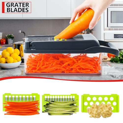 Professional Compact Vegetable Chopper, Chopper Vegetable Cutter, Food Chopper, Veggie Chopper with Container, Vegetable Chopper With Container, Onion Chopper, Mandoline Slicer (9 Inserts) Grey Green