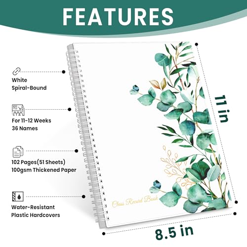 SUNEE Teacher Class Record Book for 11-12 weeks, 36 Names, 8.5x11 Inch, 102 Pages (51 Sheets), 100gsm Thick Paper, Larger Grade Recording for up to 36 Students with Water-Resistant Plastic Cover,Black