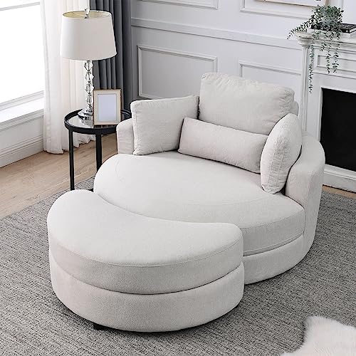 DEINPPA Swivel Accent Chair with Armrest Tray, Round Barrel Chairs with Ottoman for Living Room Bedroom-Corduroy Fabric-Haze Blue