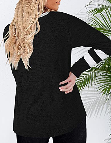 Haloumoning Women's Plus Size Tops Striped Long Sleeve V neck T Shirts Color Block Casual Tunics Tee Shirt B-navy Blue