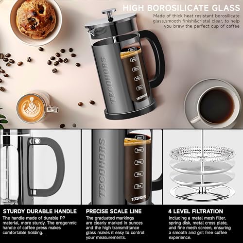 TECOHORS French Press Coffee Maker 34oz / 1 Quart 304 Stainless Steel Coffee Press,with 4 Filters System, Heat Resistant Thickness Borosilicate Glass, Brewed Coffee Pot (Bright Black)