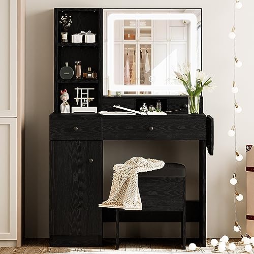 LIKIMIO Vanity Desk with Drawers & LED Lighted Mirror & Power Outlet & Cabinet, Storage Stool, Stylish Bedroom Makeup Table Set, Modern Black