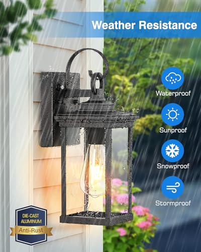 VIANIS Dusk to Dawn Outdoor Wall Lantern, Black Exterior Light Fixtures, Porch Light Wall Mount Lamps Outside Wall Lights for House, Garage Lights Outdoor Wall Sconce Lanterns with Water Ripple Glass