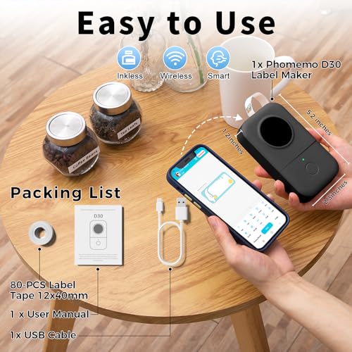 Phomemo D30 Mini Thermal Label Printer Portable Sticker Maker, Bluetooth Inkless Label Makers for HomeSmall BusinessProductsOrganizing Work for 0.23 0.35 0.47 inch 12mm Tape