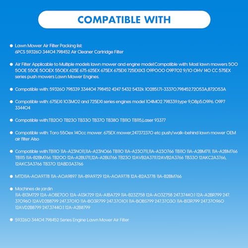 593260 Air Filter Replacement for Briggs&Stratton 798452 334404 Lawn Mower,Compatible with 500EX 550EX 575EX 625EX 625 675EXi 725EXi Series Engines Model Mower Air Filter Cartridge Accessories,6 Pack