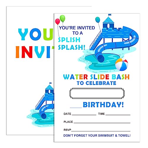 Water Slide Birthday Invitations for Boys Girls with Envelopes, Bash Invites for Birthday Pool Party Waterslide, Splish Splash Summer Birthday Party Invitations Cards, Splish Splash, 4"x6" Set of 20