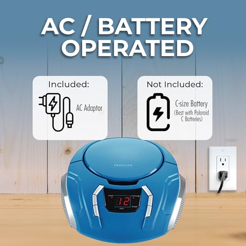 PROSCAN ELITE Portable CD Player Boombox with AM/FM Radio + Built in Speakers + Aux Input to Phone/Headphones/Any Audio - CD Players for Home Using AC Adapter or C Batteries