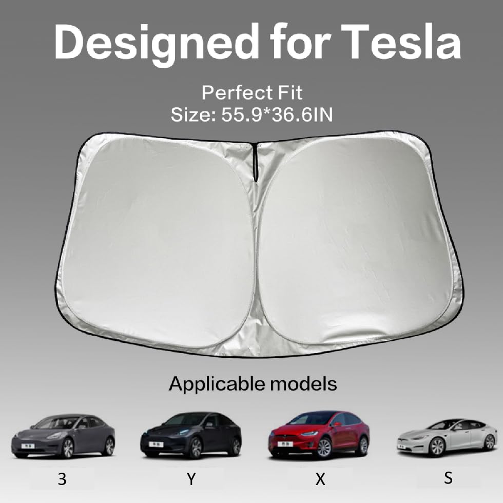 YOYGAG for Tesla Model Y Sunshade Tesla Model 3 Sunshade, for Tesla Model 3 Model Y Accessories 2024, Foldable 300T High-Density Front Window Sunshade with Organizer Bag (Black)