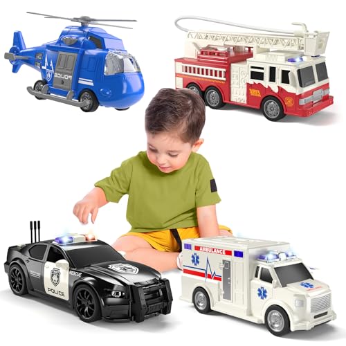 TEMI 4 Pack Emergency Vehicles for Kids, Helicopter, Police Car, Fire Truck, Ambulance Friction Powered Toys for Toddlers, Gifts for Age 3-12 Boys Girls