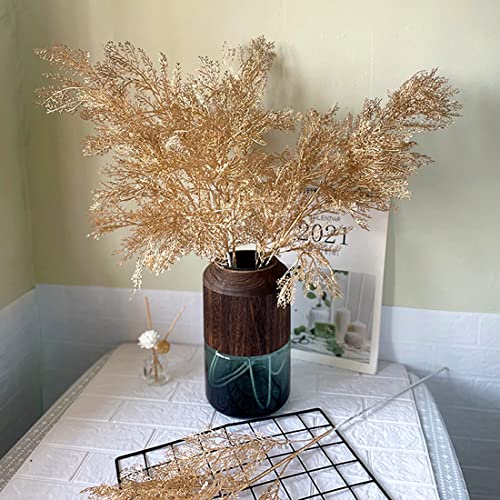 PASYOU Christmas Artificial Plants Decoration, Plastic Grass Fake Shrubs Simulation Leaves Indoor Outdoor Home Garden Planter Filler Party Hotel Verandah Wedding UV Resistant DIY Decor - Gold 2 Pack