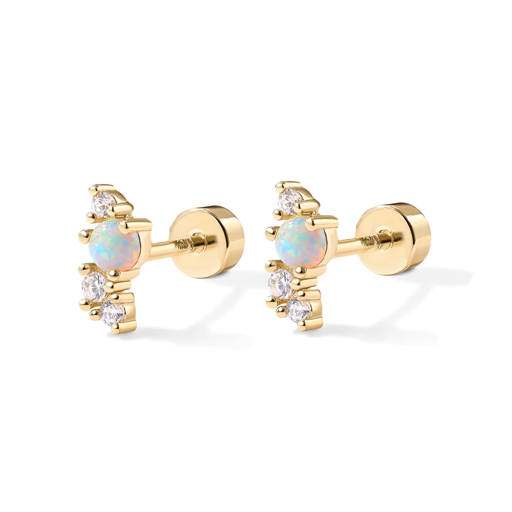 PAVOI 14K Yellow Gold Plated Solid 925 Sterling Silver Post Cubic Zirconia Flat Back Earrings for Women | Opal Cartilage Earring | Helix Piercing Jewelry | Small Stud Earrings