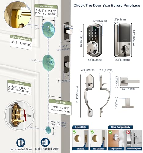 Veise Smart Front Door Lock Set, App Control, Keyless Entry Deadbolt with Lever Handle, Electronic Digital Touchscreen Keypad, Auto Lock, Easy Install, Satin Nickel