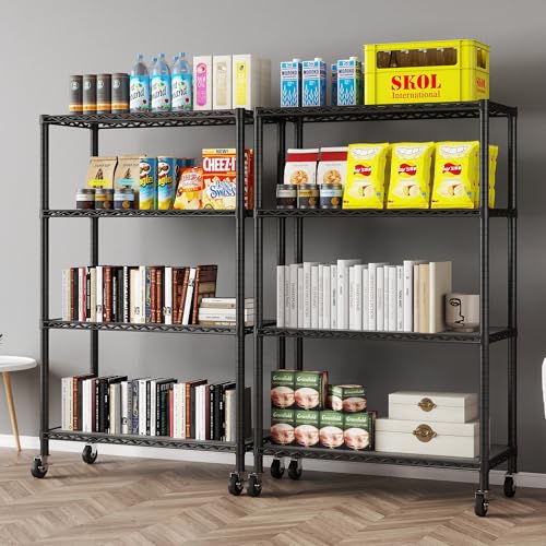 EZPEAKS 4-Shelf Shelving Units and Storage on 3'' Wheels with 4-Shelf Liners, 36W X 14D X 57.7H Adjustable Heavy Duty Steel Wire Shelving Unit for Garage, Kitchen, Office, Pole Diameter 1 Inch