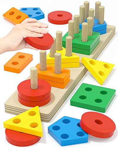 Montessori Toys for 1 2 3 Years Old Boys Girls, Wooden Sorting and Stacking Toddlers Kids Preschool, Coffee Color Recognition Stacker Shape Sorter Gift Educational Learning Toy Ages 1-3