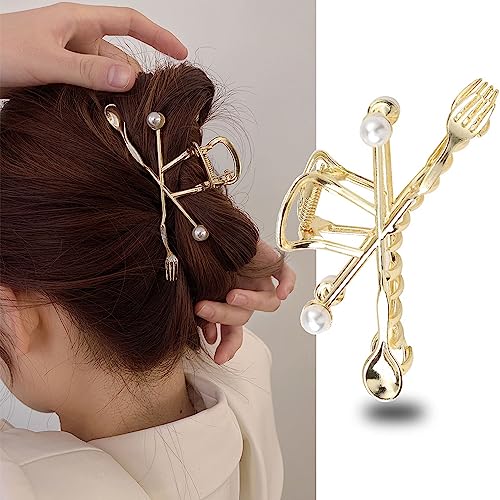 Forks Spoons Hair Clips with Pearl Gold Metal Hair Claw Clips for Women Girls Creative Forks and Spoons Hair Accessories Shiny Elegant Hairpins Strong Hold Nonslip Hair Clip Goddess Look 1 Pcs