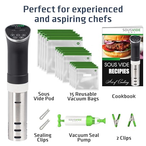 SOUSVIDE ART Cooker Kit - 1000W Sous Vide Immersion Circulator, 15 Vacuum Bags, Pump, Digital Timer, Temperature Control, Gift for Chefs