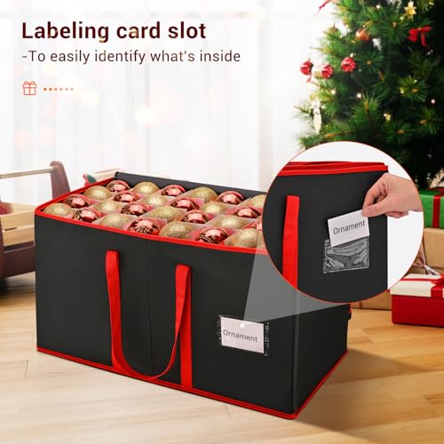 Christmas Ornament Storage Box, Mrrihand Xmas Decoration Organizer with Adjustable Dividers - Storage Container Keeps 128 Holiday Ornaments 3-Inch, Dual Zipper Closure, 600D Tear-Proof Material(Black)