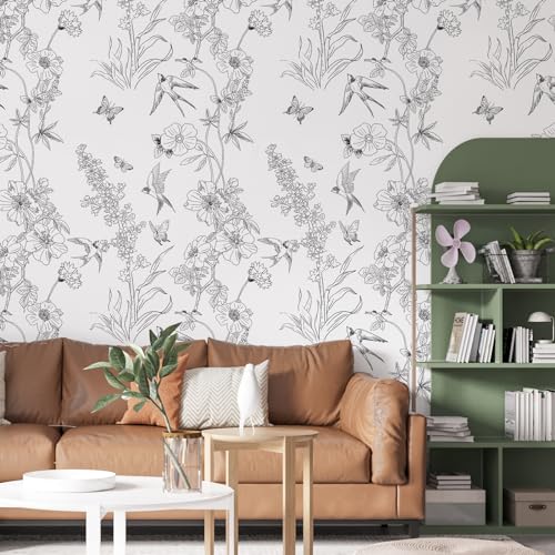 Amiya Black and White Floral Wallpaper Peel and Stick Removable Birds Contact Paper Bedroom 17.3” X 80” Vinyl Self Adhesive Sketch Wall Paper for Cabinets Shelf Liner Living Room Decoration