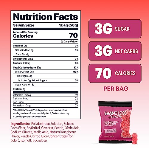 Shameless Snacks - Healthy Low Calorie Snacks, Low Carb Keto Gummies (Gluten Free Candy) - 6 Pack Red Raspberry Sour Scouts