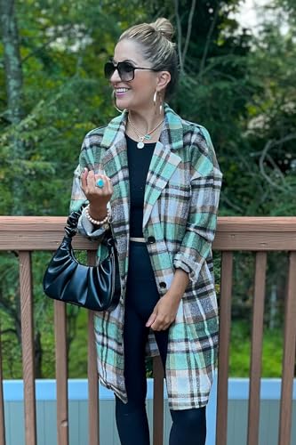 IN'VOLAND Plus Size Flannel Plaid Shacket Jacket for Women Lounge Lapel Wool Button Down Tartan Long Jacket Coats