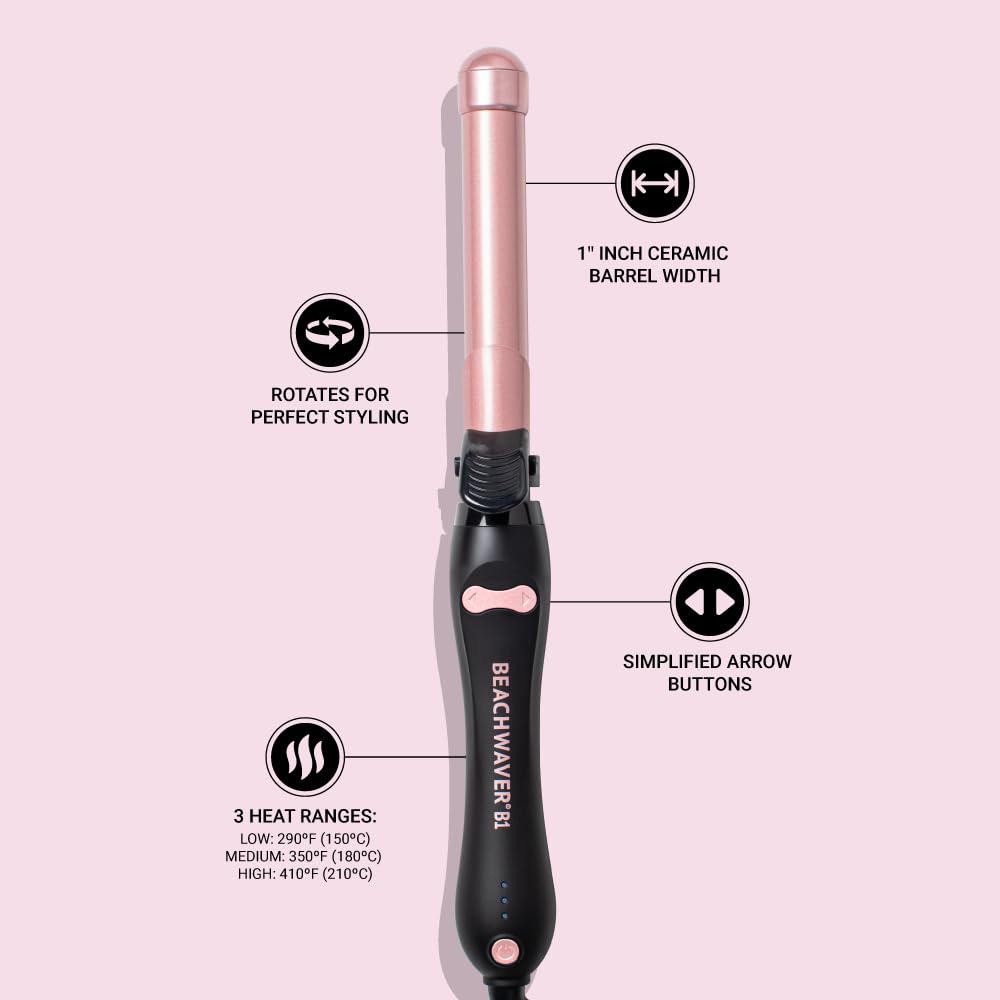 Beachwaver B1 Rotating Curling Iron - Automatic 1 Inch Ceramic Curling Iron - Easy-to-Use Spinning Wand for Long-Lasting Waves - Auto-Shut Off, Travel-Friendly, Dual Voltage (BW160) in Midnight Rose