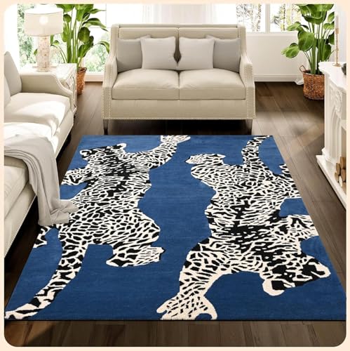 Restoration and Renovation Climbing Jaguar Modern Handmade Wool Rug for Living Room, Bedroom and Dining Room (Dark Blue, 7' x 10')