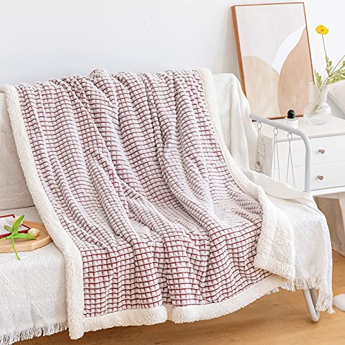 LOMAO Sherpa Blanket Throw Blanket Soft Warm Fleece Blanket Thick Blanket with Grid Pattern for Couch Sofa Bed Chair Home Decor (Brown, 51"x63")