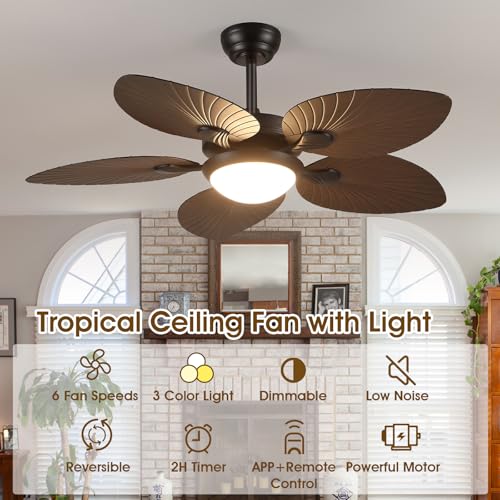 Wiviniya Tropical Ceiling Fans with Lights, 44 Inch Indoor Outdoor Palm Leaf Ceiling Fan for Patios Porch Bedroom, Remote/APP Control, Dimmable, 6 Speeds, Reversible, Brown