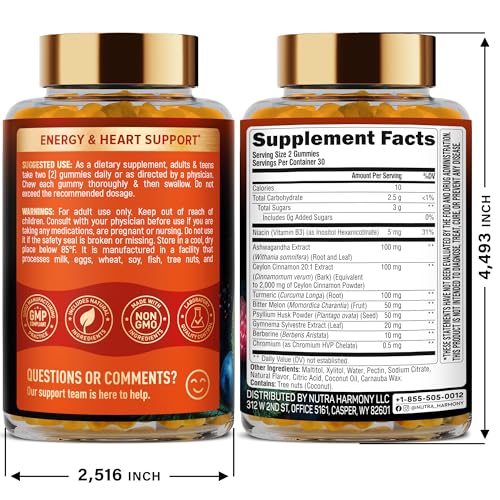 Ceylon Cinnamon Gummies 2000 mg - Berberine | Turmeric | Ashwagandha | Bitter Melon | Psyllium - Metabolism, Energy & Heart Support for Men & Women - Sugar-Free, Natural Berry Flavor - 60 Gummies