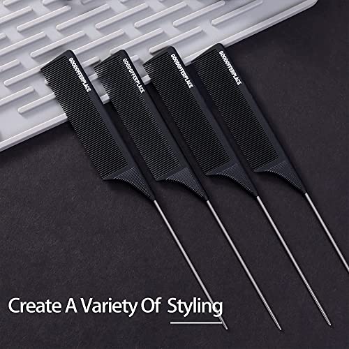 Goodofferplace 4 PCS Rat Tail Combs Parting Rattail Combs Teasing Fine Tooth Comb with Metal Pick for Curly Hair,Detangling Combs for Women,Parting Combs for Braiding,Styling Hair(Black)