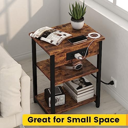 End Tables Set of 2 with Charging Station USB Ports, 3 Tier Tall Night Stand with Storage Shelves, Record Player Stand Narrow Side Table for Small Space Living Room Bedroom Office, Easy Assembly,Black