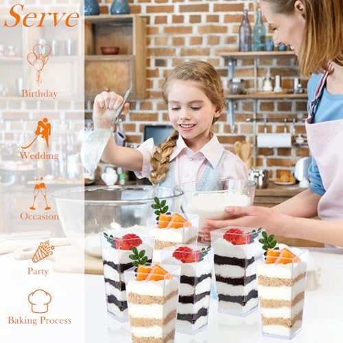 HawHawToys 100 Pack 3 OZ Mini Dessert Cups with Lids and Spoons, Square Tall Plastic Parfait Cups Dessert Shooter Cups for Party, Small Plastic Dessert Cups for Pudding, Appetizers