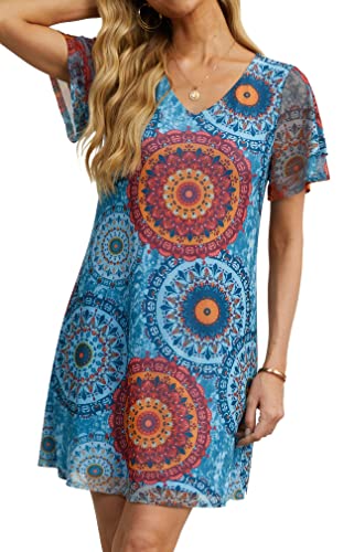 QIXING Women's Summer Casual Loose Mini Dress V-Neck Bell Short Sleeve Double Layer Shift Dress FP Mix Blue-S-6
