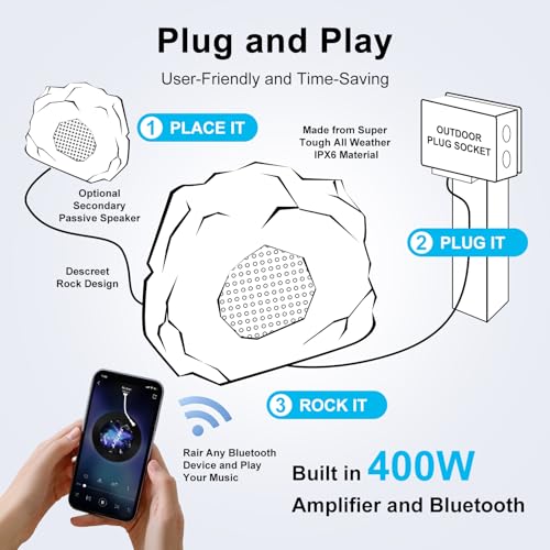 Herdio 6.5" Outdoor Rock Bluetooth Speakers Waterproof 400 Watt Resin Material All Weather for Deck Pool Backyard Patio Garden BBQ (1 Pair)