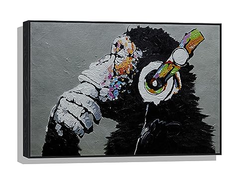 Banksy Wall Art Thinking Monkey with Headphones Enjoying Music Graffiti 3D Print simulation hand painted texture on canvas painting Mural Framed Matted 3D Brushstroke 17x24"