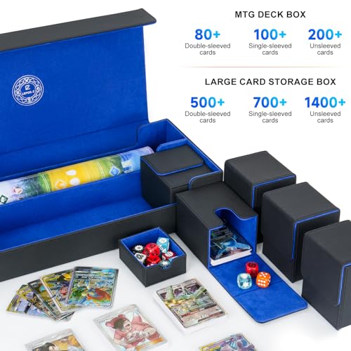 6 in1 Card Deck Box Set,X-Large Premium Trading Card Storage Case with 5 Small Box,Magnetic Game Deck Display Case Compatible with MTG/TCG/Yugioh/Magic/Commander(Black＆Blue)
