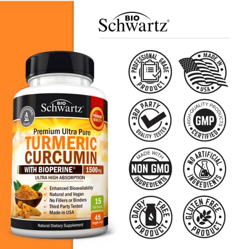 Turmeric Curcumin with Black Pepper Extract 1500mg - High Absorption Ultra Potent Turmeric Supplement with 95% Curcuminoids and BioPerine - Non GMO Turmeric Capsules for Joint Support - 45 Capsules