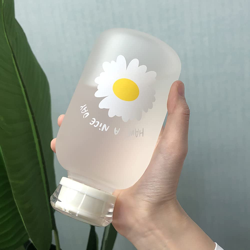 JZSMY 480ml Milk Juice Cute Water Bottle with Scale 2 Lids Little daisy Matte Portable Transparent Water Cup Glass Bottles Creative Handy Cup (1Pcs Six Flowers)