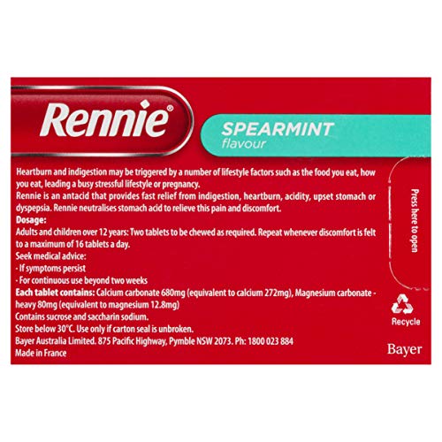 Rennie Indigestion and Heartburn Relief Spearmint 96 Chewable Tablets