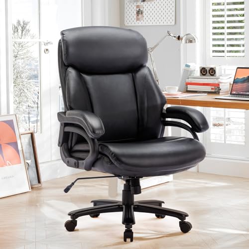 Big and Tall Office Chair 400lbs-Heavy Duty Executive Desk Chair with Extra Wide Seat, High Back Ergonomic Leather Computer Chair with Tilt Rock, Padded Armrests-Black