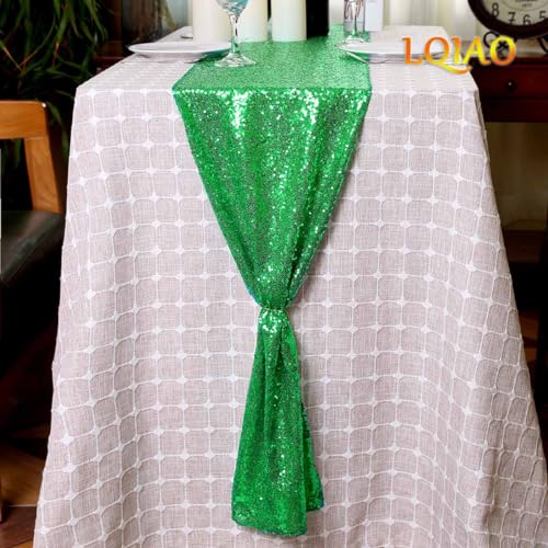 LQIAO Sequin Table Runner Green Blue-12x72in-Black Green Shiny Sequin Linen