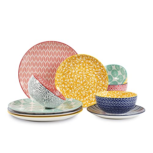 Selamica Ceramic 12-Pieces Dinnerware Sets, Ceramic Dish Plates and Bowls Sets, Service for 4, Dinner Salad Dessert Plates, and Cereal Bowls Set, Assorted Colors