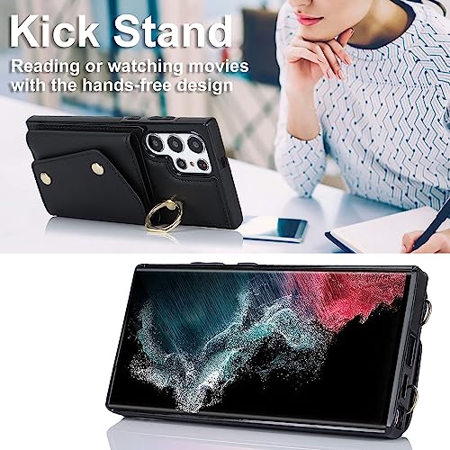 Asuwish Phone Case for Samsung Galaxy S22 Ultra 5G Wallet Cover with Screen Protector and Ring Stand Credit Card Holder Slot Crossbody Strap Cell S22ultra 22S S 22 S22ultra5g 6.8 Women Girls Men Black