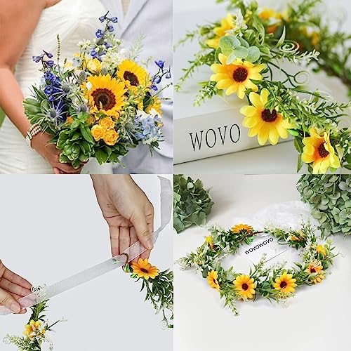 WOVOWOVO Sunflower Crowns For Girls Women, Bridal Daisy Flower Leaf Crown Bride Hair Accessories Floral Wreath Headband With Ribbon For Wedding Birthday Vacation Party Festival Photo Prop