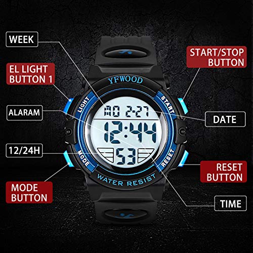 YFWOOD Kids Digital Watch,Waterproof Outdoor Watches, Children Casual Electronic Analog Quartz Wrist Watches with Silicone Band Luminous Alarm Stopwatch for Boys -Blue
