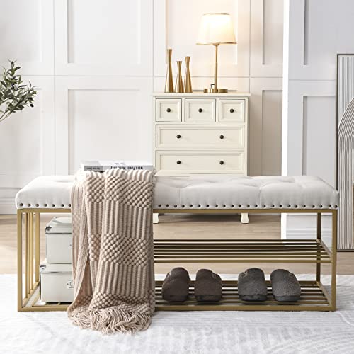 FERFALDER Linen Bench with Storage-Entryway Shoe Storage with Tufted Padded Seat,Gold Mental Frame Ottoman Bench for Bedroom Entry Window Mudroom Living Room,Beige