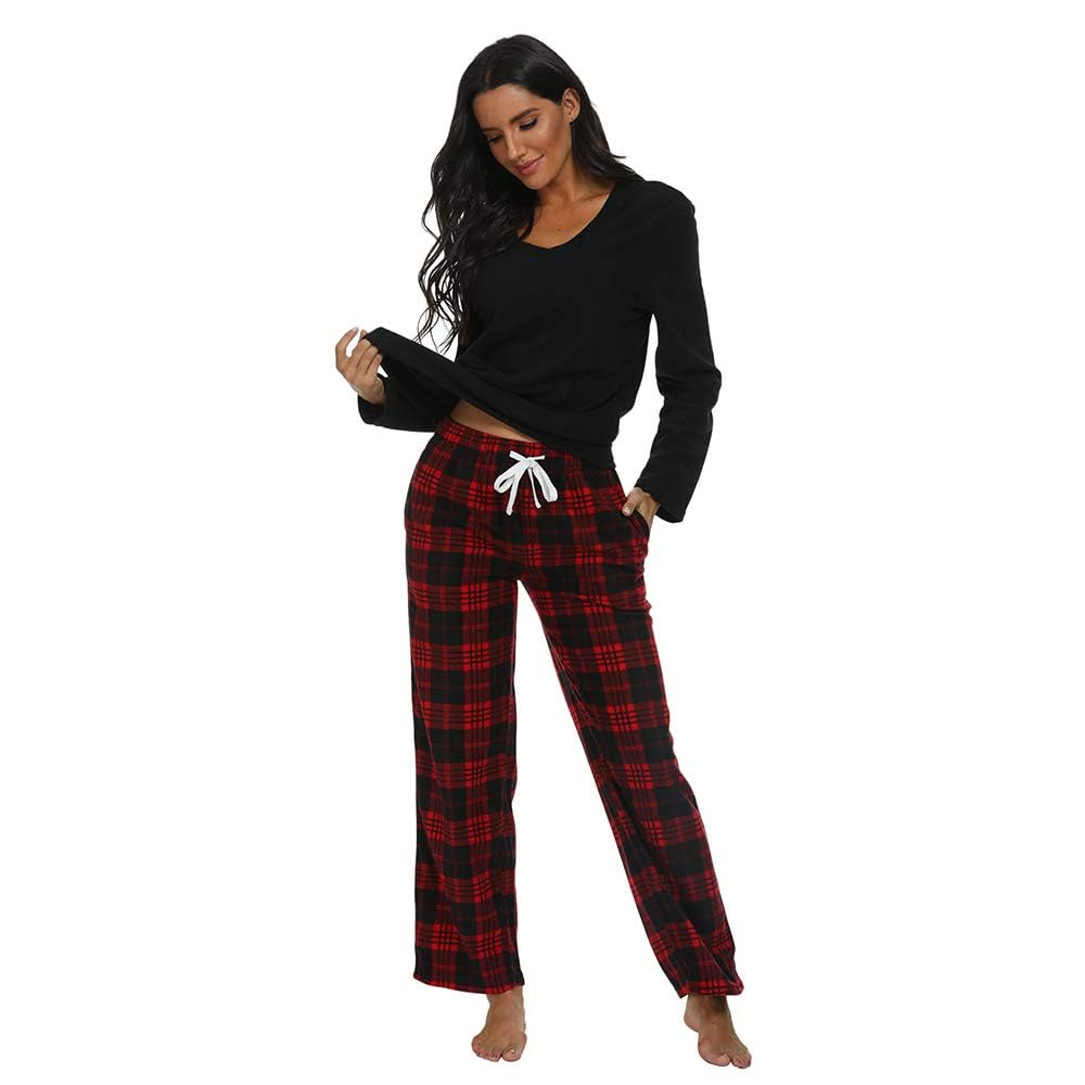 U2SKIIN Couple Pajama Sets, Plaid Pajama Set for Men and Women Soft Warm Pjs Set Black/Red-Black Plaid Womens Medium