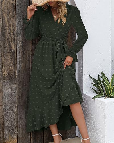 BTFBM Women's Boho Cocktail Maxi Dress 2024 Fall Fashion V Neck Swiss Dot Long Sleeve Flowy Slit Wedding Party Dresses(Swiss Dot Yellow, Medium)