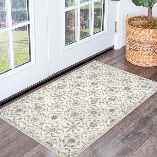 KILOCOCO 4x6 Moroccan Area Rug Washable Living Room Rug Vintage Floral Rug Indoor Non-Slip, Print Faux Wool Accent Entryway Rug Indoor Kitchen Rug for Laundry Playroom Office, Blue/Multi